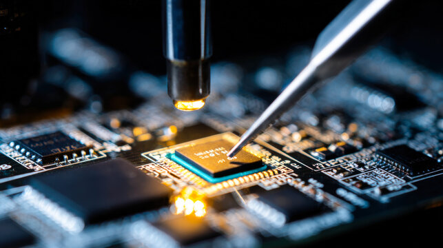 Precision soldering of SMD chip onto PCB in bright lighting for electronics assembly task