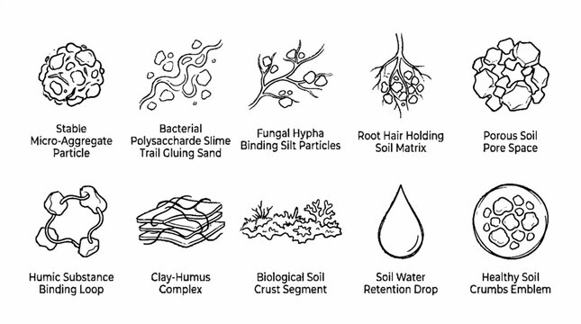 A collection of ten hand drawn illustrations depicting various components and structures of healthy soil.