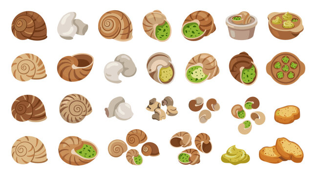 Set of escargot culinary icons featuring stuffed snail shells, herbal butter, delicious French cuisine appetizers for restaurant menus and food blogs
