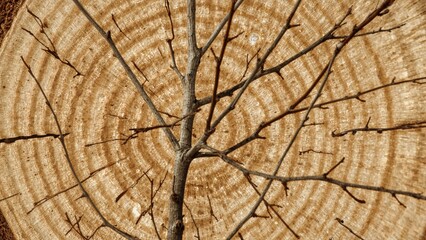 Fototapeta premium Cross-section of a tree trunk with bark and growth rings, showing a branch extending outward.
