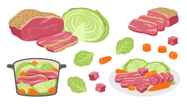 Set of raw corned beef, cabbage, carrots, sliced meat, and stew pot, traditional Irish dinner ingredients, cooking, recipe, home meal preparation