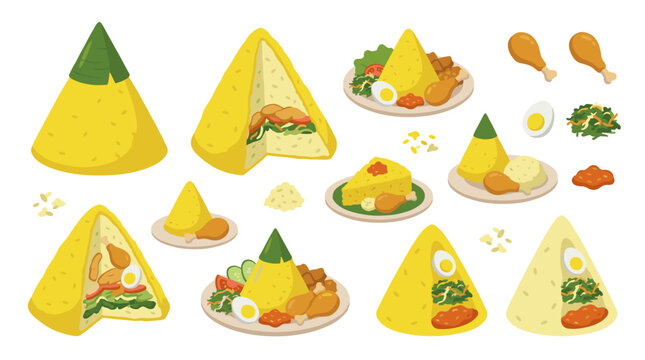 Set of Indonesian tumpeng rice cones, yellow cone shaped rice with traditional side dishes, flat food illustration, culinary cultural heritage