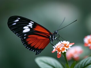 Naklejka premium Exotic Tropical Butterfly Perched on Colorful Flower in Rainforest