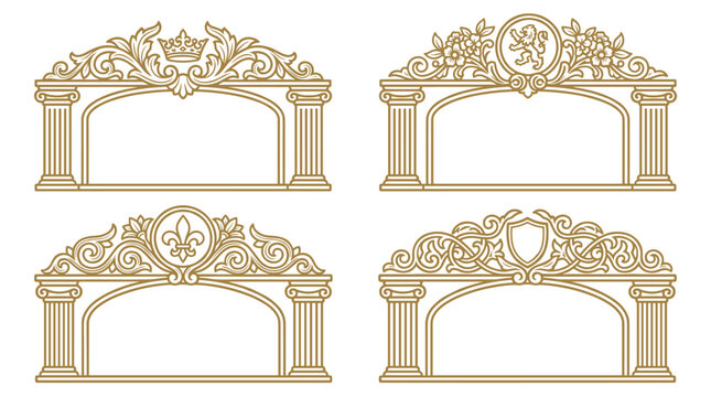Set of four victorian baroque frames with ornate floral scrolls and architectural columns, classic royal border decoration for invitation stationery