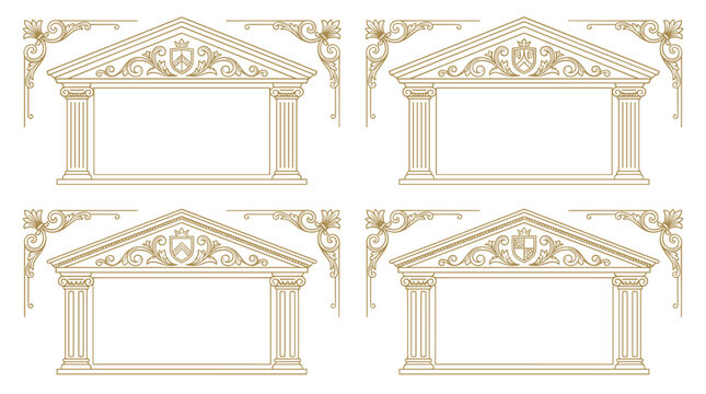 Set of four victorian baroque architectural frames with columns and pediments, ornate vintage border elements, classical decorative scrollwork