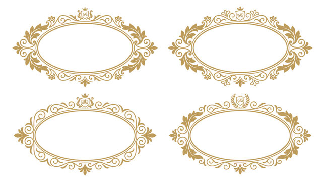 Set of four ornate victorian baroque oval frames in gold, elegant vintage border patterns for luxury invitations, classic decorative flourishes