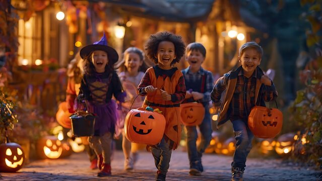 Group of Happy Diverse Children Trick or Treating on Halloween Night.