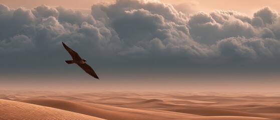 Fototapeta premium Majestic Bird Flying Over Dramatic Desert Landscape at Dusk