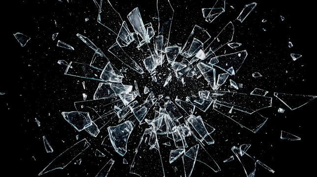 Shattered glass fragments exploding outwards against a stark black background