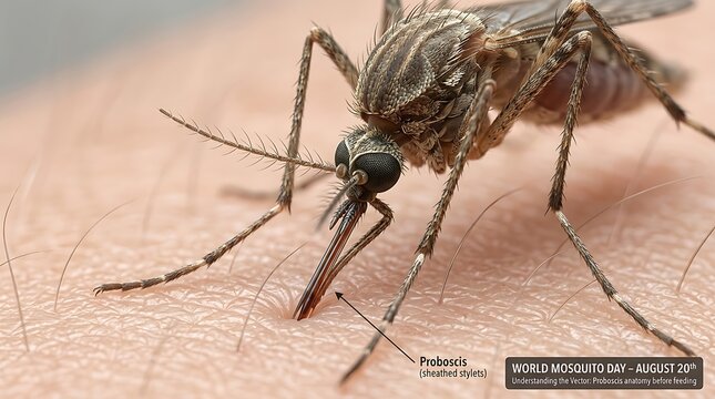 Close-up of a mosquito biting human skin showing its proboscis extracting blood.