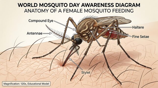 World Mosquito Day Awareness Diagram: Anatomy of a Female Mosquito Feeding on Human Skin.