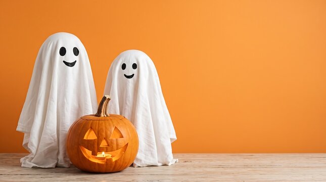 Ghost Duo with Glowing Jack O Lantern Halloween Table Background