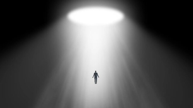 Surreal Scene of Human Silhouette Floating Inside A Powerful Beam Of Light From A Glowing Celestial Portal. Cinematic Monochrome Animation With Rays, And A Mysterious Atmosphere.