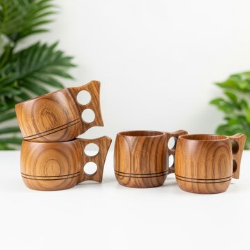 Handcrafted Wooden Coffee Cups Set for Rustic Kitchen and Camping