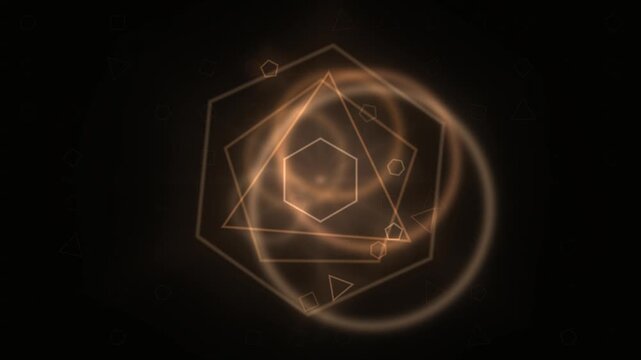 Glowing geometric shapes form an intricate hexagon pattern surrounded by floating symbols against a dark background.