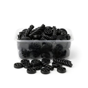 Black Plastic Craft Wheels in Storage Container Isolated on White Background