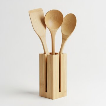 Wooden Kitchen Utensil Set in Holder Isolated on White Background