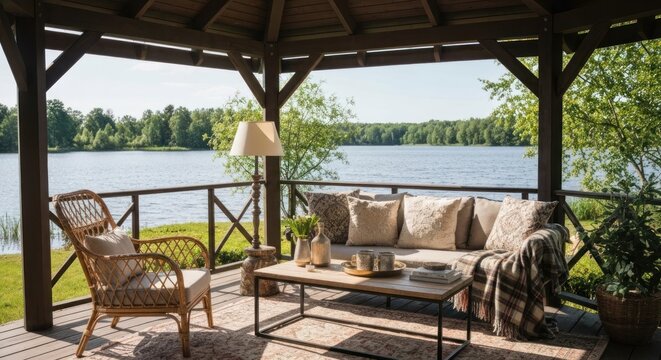 Tranquil lakeside gazebo scene with seating, a table, and a scenic view