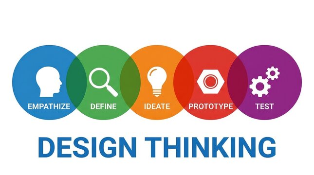 Colorful circular icons showcasing stages of innovative design thinking process with structured creative problem problem solving methodology