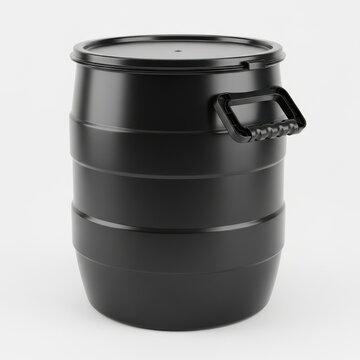 Black Plastic Storage Barrel with Lid Isolated on White Background