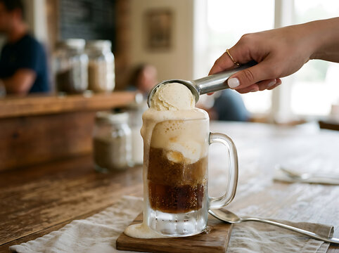 A hand placing a scoop of vanilla ice cream into a glass of root beer float.