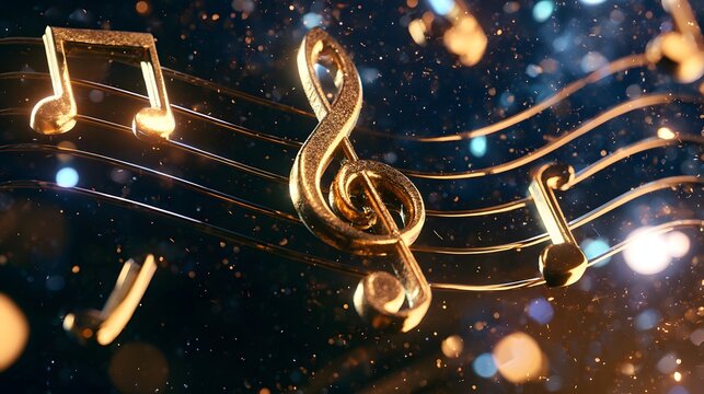 Golden musical notes on a staff. 3D metallic music symbols with glowing bokeh background.