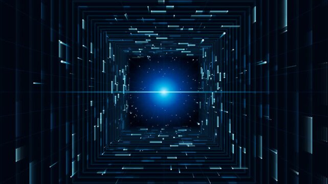 Futuristic digital square tunnel moving toward glowing blue energy light source in dark cyber space.