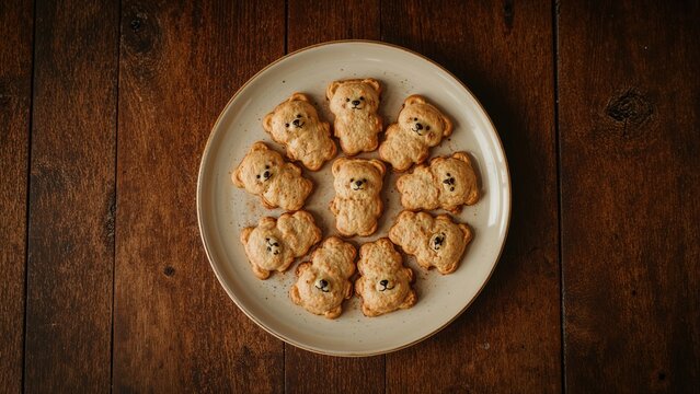 Plate of bear-shaped cookies on a wooden table