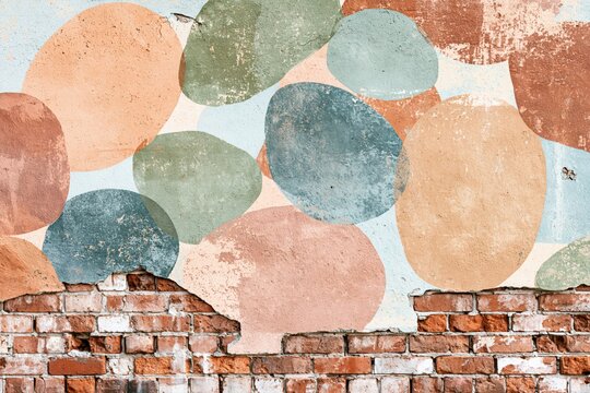 Abstract Painted Circles on Weathered Red Brick Wall Urban Background