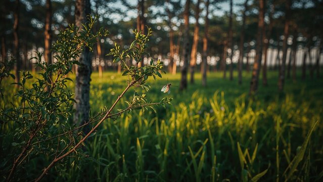 A tree branch with leaves in a forest clearing during daytime, sunlight filtering through, surrounded by tall grass and trees.