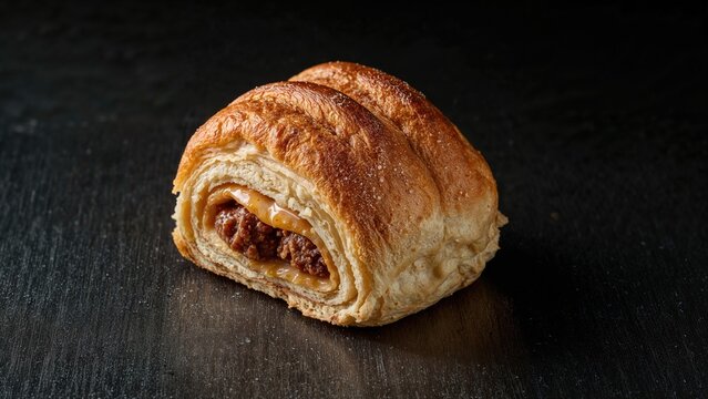 Image of a pastry with filling on a dark surface.