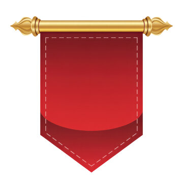 Red medieval shield banner with gold fringe detail and tassels isolated on transparent background