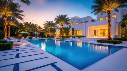 Fototapeta premium A serene poolside view with palm trees and a modern house against a vibrant sunset sky