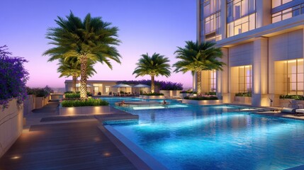 Fototapeta premium A serene evening scene showcasing a luxurious pool surrounded by palm trees and elegant architecture
