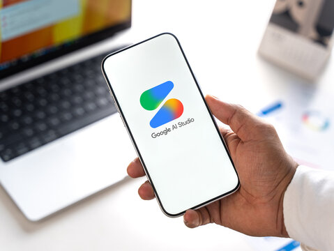 Google AI Studio logo is displayed on a smartphone screen in Bangalore, India, on July 25, 2026
