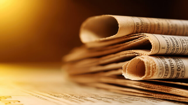 Stack of rolled newspapers with warm lighting creating nostalgic atmosphere, showcasing printed media and journalism