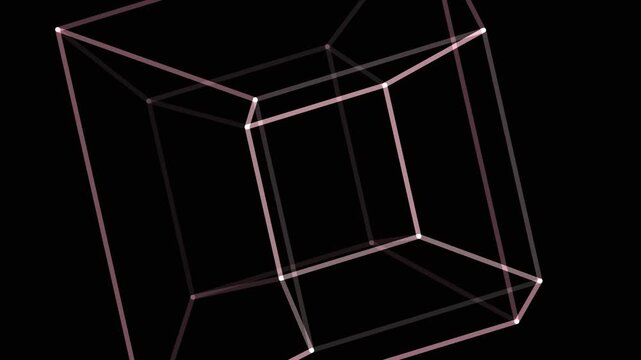 Transparent geometric cube structure with glowing pink edges against dark background