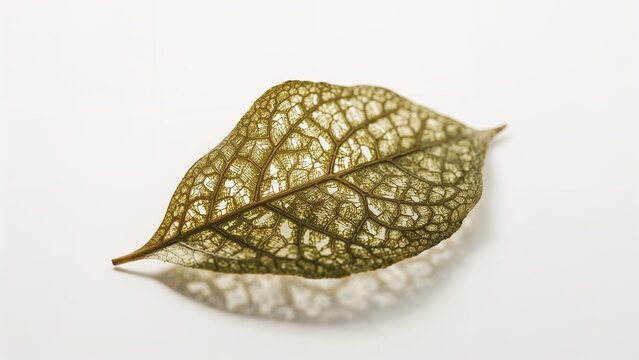 A leaf with intricate vein patterns and a delicate structure on a white surface.