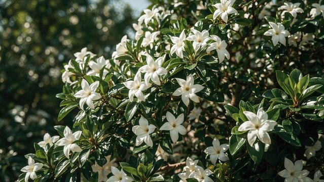 Cluster of white flowers on green leaves in a garden setting.