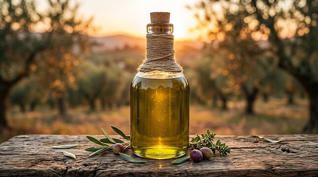Fresh organic olive oil bottle in a sunlit grove at sunset