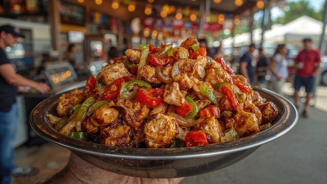 A bowl of stir-fried chicken with vegetables, including red and green peppers, served at an outdoor food market.