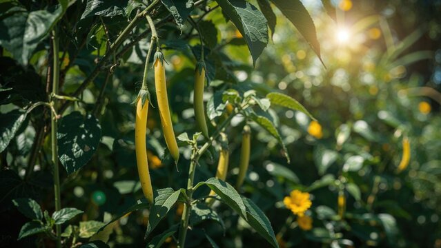 Yellow chili peppers hanging on the plant in sunlight.
