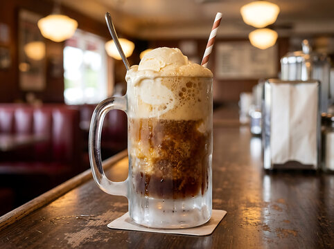 Classic root beer float served in a frosted glass mug at a vintage diner.