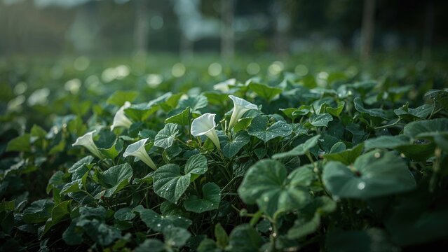 Lush green ivy plants with white flowers growing densely in a garden or outdoor setting.
