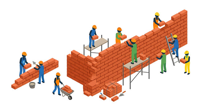 Isometric Construction Scene Workers Building Brick Wall With Scaffolding and Tools Diverse Workforce Engaged in Urban Development Project