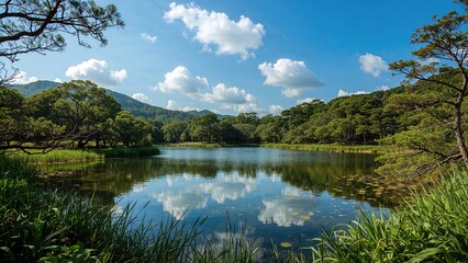 Obraz premium Scenic lake surrounded by trees with blue sky and clouds reflected on the water. Nature and outdoor landscape. Calm and peaceful environment.