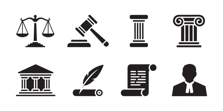 Collection of law and order icons with scales of justice gavel classical columns and court building.