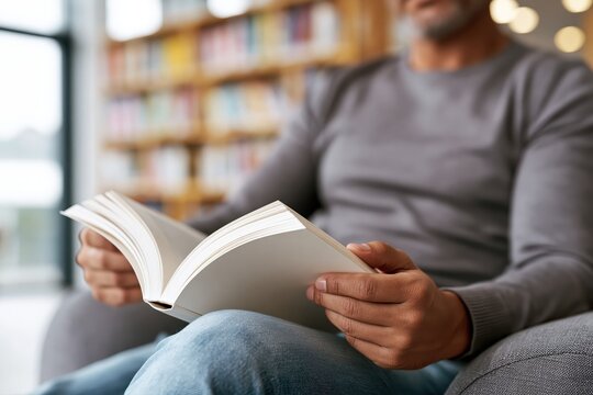 Mature man reading a book while sitting in a comfortable library chair
