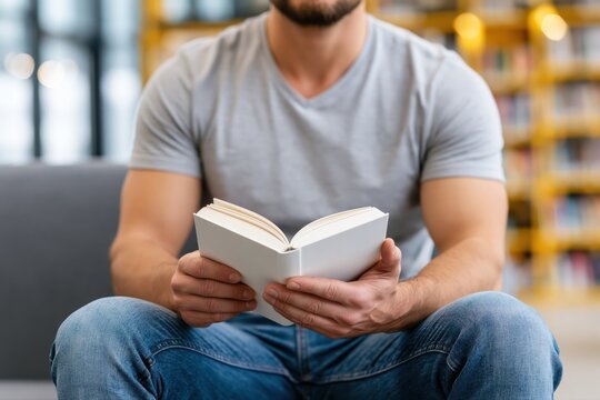 Young man reading a book in a library with blurred shelves background