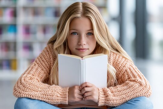 Portrait of a young blonde girl holding an open book in the library